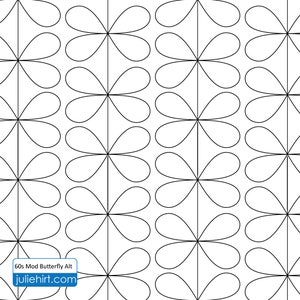 May include: Black and white geometric pattern with a repeating design of four-leaf clover shapes. The pattern is called "60s Mod Butterfly Alt" and is available at juliehirt.com.