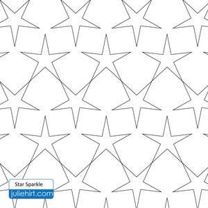 May include: A black and white geometric pattern with repeating star shapes. The pattern is seamless and can be used for a variety of purposes, such as fabric, wallpaper, or wrapping paper. The text "Star Sparkle" and "juliehirt.com" is at the bottom of the image.