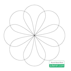 May include: A black line drawing of a flower-like design with eight rounded petals. The design is centered on a white background. The text "Round About Block" and "juliehirt.com" are in a green rectangle in the lower right corner.