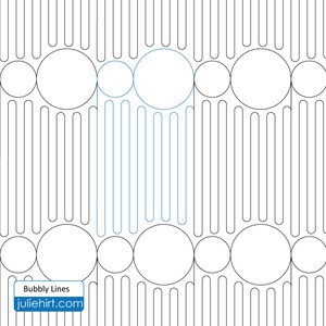 Pode incluir: Um padrão geométrico preto e branco com círculos sobrepostos e linhas verticais. Os círculos estão dispostos em uma linha e as linhas estão igualmente espaçadas. O texto "Bubbly Lines" e "juliehirt.com" está na parte inferior da imagem.