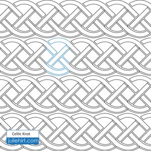 May include: Black and white Celtic knot pattern. The pattern is made up of interlacing lines that form a series of knots. The pattern is repeated throughout the image. The text "Celtic Knot" and "juliehirt.com" is at the bottom of the image.