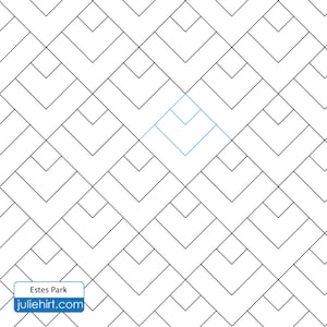 May include: A black and white geometric pattern with a blue diamond shape in the center. The pattern is made up of overlapping squares and triangles. The text "Estes Park" and "juliehirt.com" is at the bottom of the image.