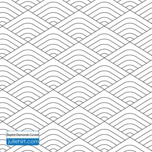 May include: Black and white geometric pattern with curved lines forming a repeating diamond shape. The pattern is called "Baptist Diamonds Curved" and the website address "juliehirt.com" is displayed at the bottom.