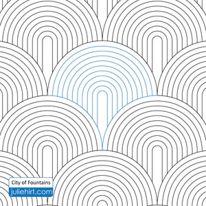 May include: Geometric pattern featuring overlapping semi-circles in black and white, with a section highlighted in shades of blue. The design has a modern, art deco feel. The text "City of Fountains" and "juliehirt.com" is in the lower left corner.