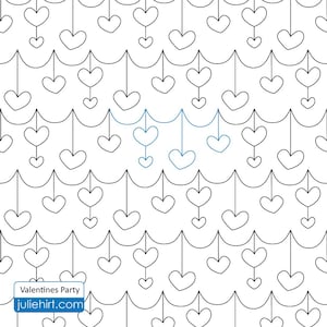 May include: A black and white digital pattern featuring a repeating design of hearts hanging from a curved line. The pattern is titled "Valentines Party" and includes the website "juliehirt.com".