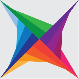 Puede incluir: Diseño geométrico abstracto con forma de estrella hecho de triángulos superpuestos en tonos de azul, verde, morado, naranja y rojo.