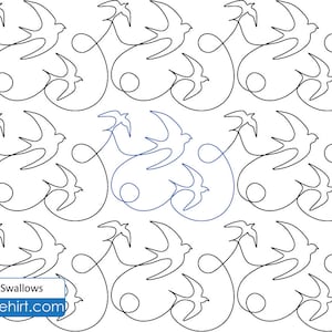 May include: A repeating pattern of swallows in flight, rendered in a minimalist line art style. The design features birds with outstretched wings, connected by flowing lines and circular elements. The word "Swallows" and a website address are in a blue box.