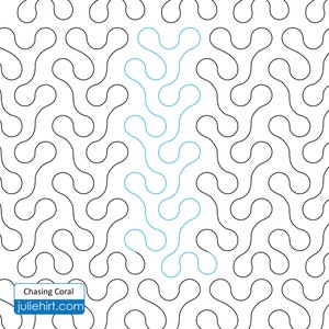Könnte beinhalten: Ein schwarz-weißes Muster aus geschwungenen Linien mit einem blauen Korallenmuster in der Mitte. Der Text "Chasing Coral" und "juliehirt.com" befindet sich am unteren Rand des Bildes.