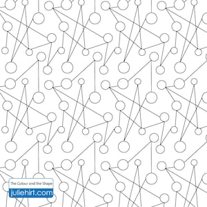 May include: Black and white abstract geometric pattern with circles connected by lines. The pattern is repeated throughout the image. The text "The Colour and the Shape" and "juliehirt.com" is at the bottom of the image.
