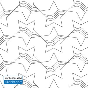 May include: Black and white line art pattern of repeating stars with wavy lines inside. The text "Star Banner Wave" and "juliehirt.com" is at the bottom of the image.