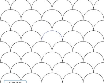 May include: A repeating pattern of white clam shell shapes outlined in black, arranged in rows and columns. The design is on a white background. The text "Clam Shell" and "juliehirt.com" are in a blue box in the lower left corner.
