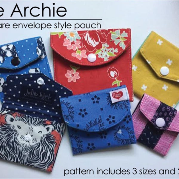 The Archie - A square, envelope style pouch. 2 styles, 3 sizes included. Instant download PDF. Great for cards, earbuds, gift cards, coins.