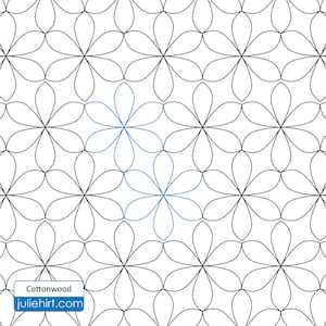 May include: A black and white geometric pattern with a repeating flower design. Two of the flowers are highlighted in blue.