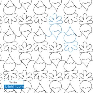 以下が含まれることがあります： スタイリッシュなカブの繰り返しデザインの白黒線画パターン。カブは1本の線で描かれており、葉の付いたハート型をしています。パターンは白い背景です。画像の下部に「Turnips」と「juliehirt.com」のテキストがあります。