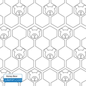 May include: Black and white repeating pattern featuring bear faces within honeycomb shapes. The design includes the text "Honey Bear" and "juliehirt.com" in a blue rectangle.