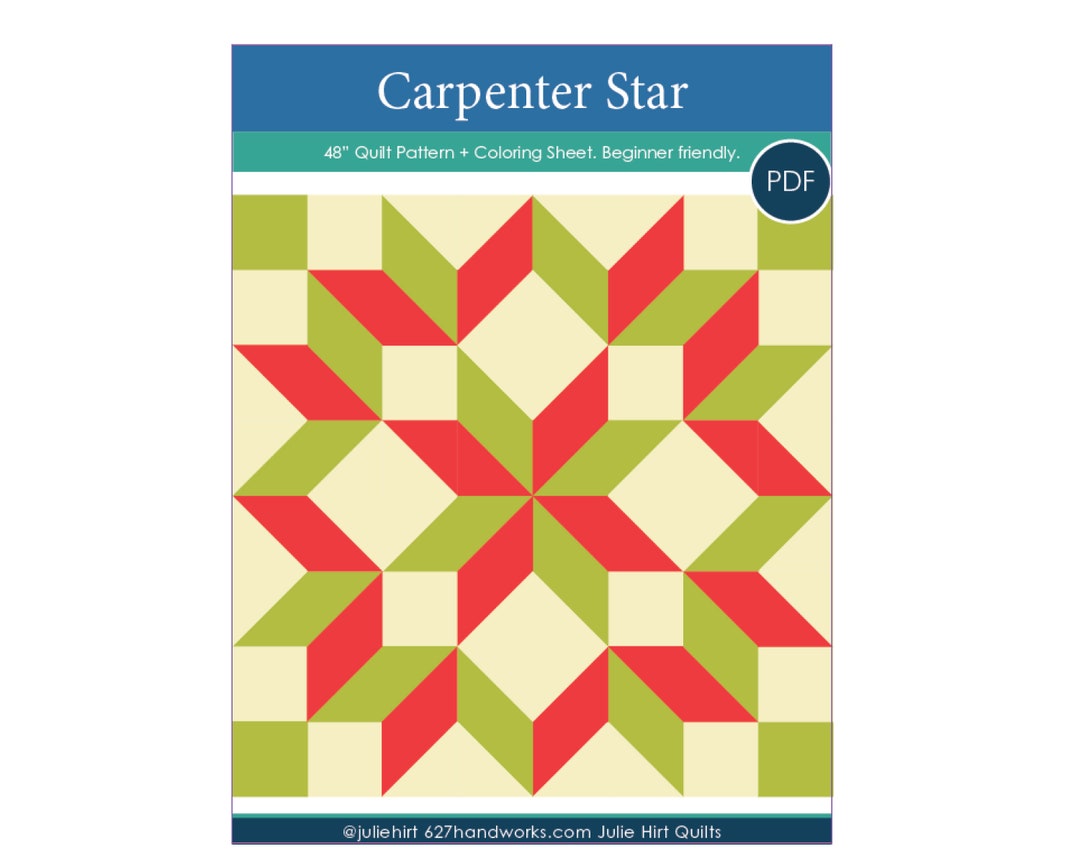 Easy Carpenter Star Quilt Pattern Coloring Sheet. 48 PDF Beginner