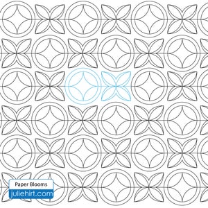May include: A black and white geometric pattern with a repeating design of circles and four-leaf clover shapes. The pattern is called "Paper Blooms" and is available on the website juliehirt.com.