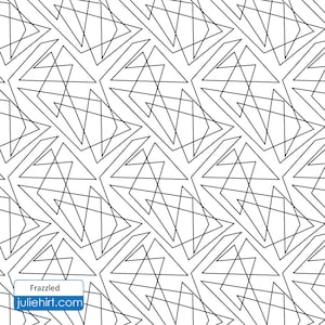 May include: Black and white geometric pattern with a repeating design of overlapping triangles and lines. The pattern is called "Frazzled" and the website is "juliehirt.com".
