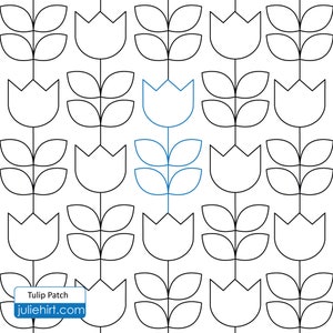 Könnte beinhalten: Ein schwarz-weißes Muster aus Tulpenblüten mit einer einzelnen blauen Tulpe in der Mitte. Der Text "Tulip Patch" und "juliehirt.com" befindet sich am unteren Rand des Bildes.