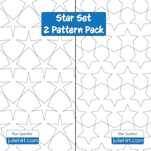 Peut inclure: Deux motifs d'étoiles noirs et blancs, l'un avec un motif d'étoiles dispersées et l'autre avec un motif d'étoiles plus géométrique. Le texte "Star Set 2 Pattern Pack" est dans une boîte bleue en haut de l'image. Le texte "Star Sparkle" et "Star Scatter" est dans des boîtes blanches en bas de l'image. Le texte "juliehirt.com" est dans les deux boîtes.
