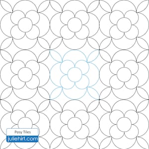 May include: Black and white line drawing of a repeating pattern of stylized flowers. The center flower is highlighted in blue. The text "Posy Tiles" and "juliehirt.com" is at the bottom of the image.