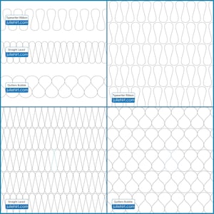 May include: Four different quilting patterns are shown in black and white. The patterns are called "Typewriter Ribbon", "Straight Laced", and "Quilters Bubble".