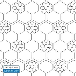 Può includere: Disegno in bianco e nero di un motivo a nido d'ape con fiori stilizzati in ogni cella. Il testo "Honey Flowers" e "juliehirt.com" è in basso nell'immagine.