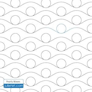 May include: A black and white digital illustration of a repeating pattern of circles and wavy lines. The circles are arranged in rows and the wavy lines are arranged in a staggered pattern. The text "Pearly Waves" and "juliehirt.com" is at the bottom of the image.