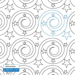 May include: Whirlwind pattern with stars and a crescent moon. The pattern is repeated throughout the image. The text "Whirly Stars" and "juliehirt.com" is at the bottom of the image.