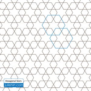 May include: A black and white geometric pattern of hexagonal stars. Two larger hexagons are outlined in blue in the center of the image. The text "Hexagonal Stars" and "juliehirt.com" is at the bottom of the image.