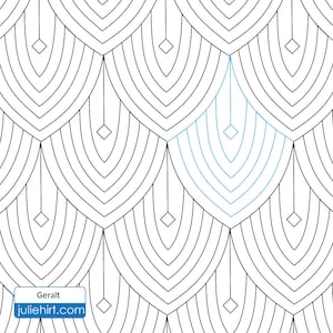 May include: A black and white geometric pattern with a single blue geometric shape in the center. The pattern is called "Geralt" and is available on the website juliehirt.com.