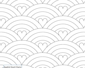 BAPTIST HEART FAN Clams - Padrão digital de quilting de braço longo para borda a borda e pantógrafo Handiquilter Gammill Statler Stitcher Bernina