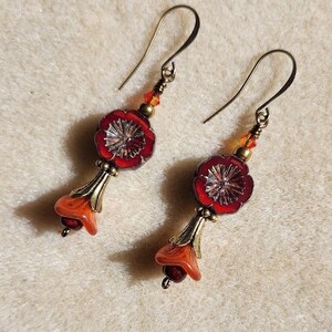 Red Hibiscus Flower Earrings, Dangle Orange Brass Earrings, Botanical Earrings, Holiday Jewelry