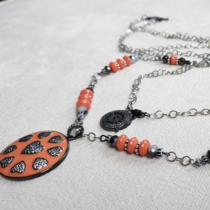 Hearts and Clock Pave Pendant Necklace, Orange and Grey Multi-Strand Boho Festive Necklace