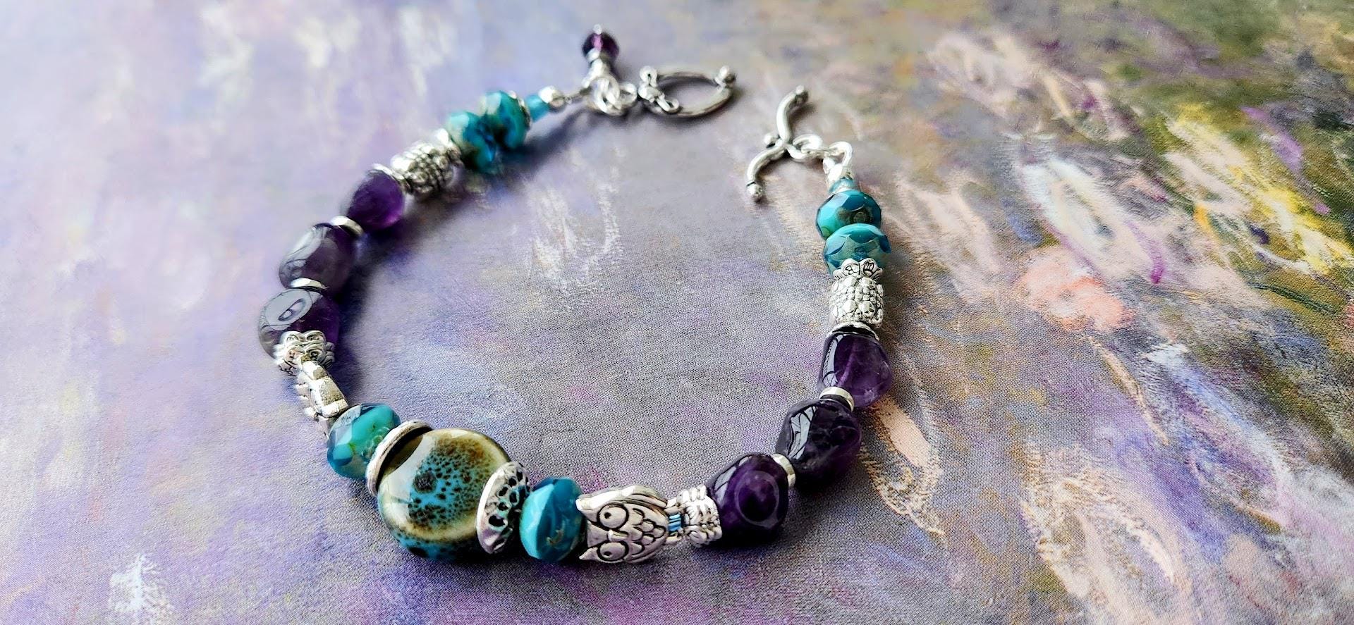 Amethyst Gem Owl Bracelet, Turquoise Ceramic Bead Focal