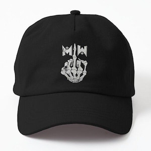 May include: Black baseball cap with a white graphic of a skeleton hand giving the middle finger and the text "MIW" above it.