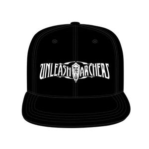 May include: Black baseball cap with a white logo that says "UNLEASH THE ARCHERS" with a shield design.