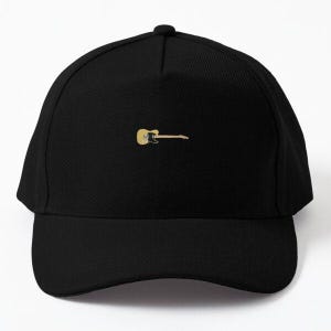 May include: A black baseball cap with a small, yellow electric guitar graphic on the front.
