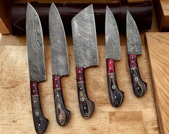 Personalized 5PCs Handmade Damascus Steel Chef Knife Set with Leather Roll