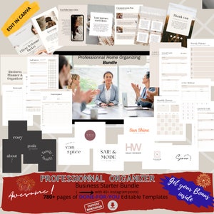 May include: A digital product bundle for professional home organisers. The bundle includes 780+ pages of editable templates, 40+ Instagram posts, and a bonus. The image features a laptop screen showing a group of people clapping, and a variety of planner pages, including a weekly planner, monthly planner, and goal setting pages. The text "Professional Home Organizing Bundle" is displayed on the laptop screen. The text "Get your Bonus inside" is displayed in a red box with a firework graphic.