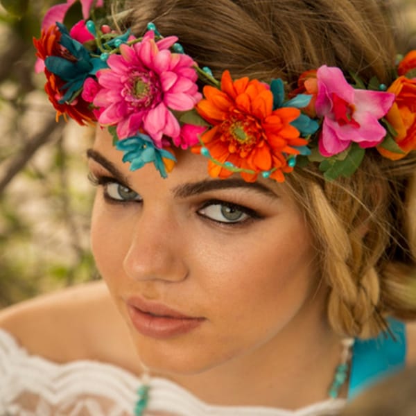 Colorful flower crown destination wedding orange hot pink tropical bridal hair wreath Malibu Blue Turquoise halo AmoreBride accessories