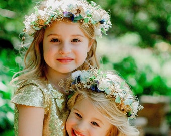 Sister photo prop Flower Girl Halos flower crown Mommy and Me dried silk hair wreath Navy Gold Aqua Mint  summer wedding accessories