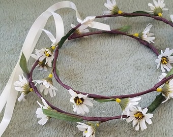 Floral Stefana Bride Groom flower crowns 2 ribbon joined halos Greek Wedding Ceremony wild daisy simple ivory accessories