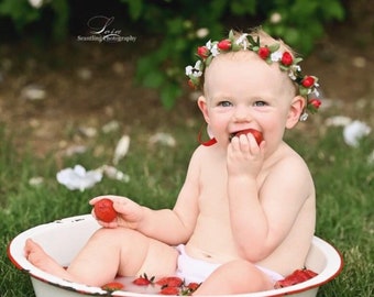 baby headband strawberry milk bath photo prop flower crown 1st first birthday red white halo USA made party hair wreath