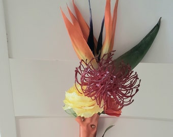 Bird of Paradise bridal bouquet tropical elope destination silk wedding flowers groom boutonniere orange yellow Vow Renewal