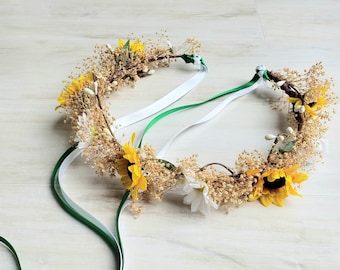 Custom graduation flower crown Sunflower boho halo hair wreath silk daisies dried babys breath green ribbon Wedding accessories Bridal party