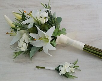 White Lily Bridal Bouquet silk Casablanca private small Wedding Flowers choose size bridesmaid accessories boutonniere realistic silk floral