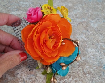 baby bridal shower Fiesta Cinco de Mayo Quinceanera hair comb orange turquoise Mexican headpiece party event favors guest Frida headpiece