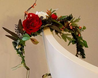 Winter Wedding Hair Wreath Veil accessories Red flower crown halo costume headpiece foliage Bridal party festival hair wreath photo prop