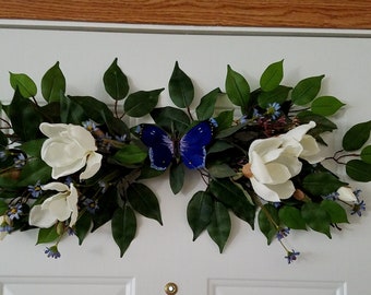 Celebration of Life sympathy floral spray silk flowers Butterfly wall hanging decoration Swag greenery foliage home decor blue ivory wreath